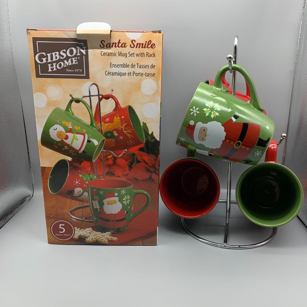 Gibson Home Santa Smile Ceramic 4 Mug Set with Rack